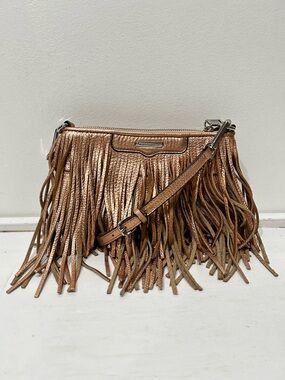 Rebecca Minkoff Finn Fringe Crossbody Bag Genuine Leather Metallic Rose Gold